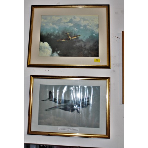 62 - Three Framed and Mounted Aviation Prints:  a Supermarine Spitfire, a De Havilland Mosquito (Crashed ... 