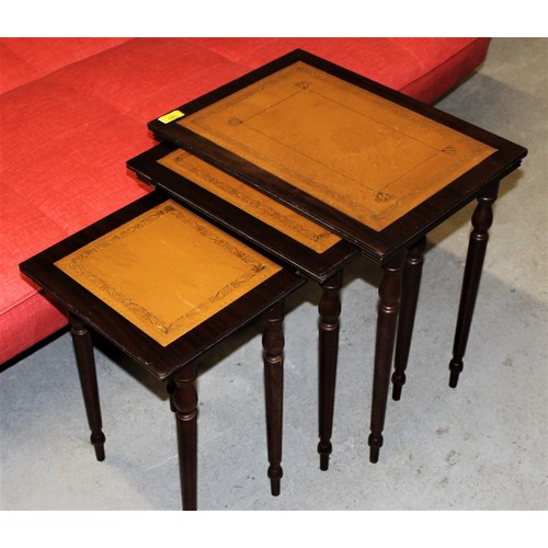 140 - Mahogany Nest of Three Tables having Tan Leather Inset Tops