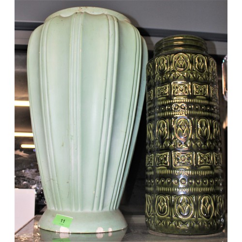 31 - Two Tall Green Vases: One is West German (with Hairline Crack) and One is Art Deco Style Baluster Va... 