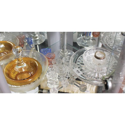 85 - Assorted Glass Items including a Tall Goblet Bowl, Cake Stand, Alcohol Scoop, Spoon Rests, Candle Ho... 