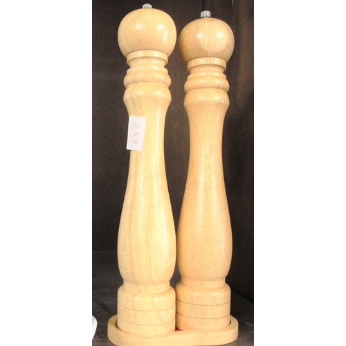 63 - Two Tall Wooden Salt & Pepper Grinders on Matching Stand