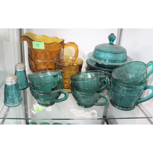 78 - Tea Set in a Green Decorative Impressed Glass Plus an Amber Jug and Bowl, Salts, etc