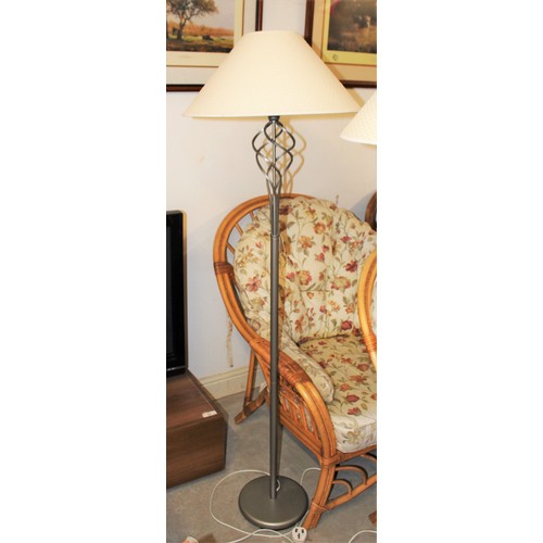 144 - Nickel Effect Open Twist Standard Lamp with Faux Basket Weave Cream Shade