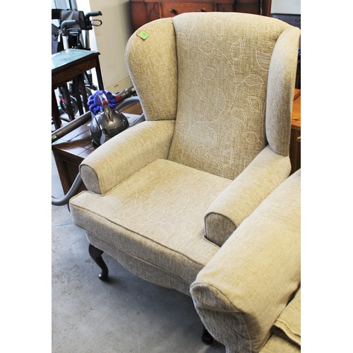 117 - Wing-Back Armchair Upholstered in a Cream Velour Fabric - on Casters