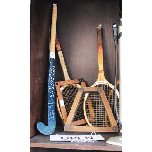 192 - Three Retro Tennis Rackets-Dunlop Maxply (with Two Wooden Racket Braces) Plus a Hockey Stick