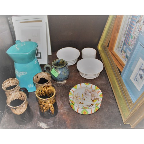 209 - Bric-a-Brac:  Coffee Mugs, Pottery Jug, Sea Shells, Pictures and Frames, etc