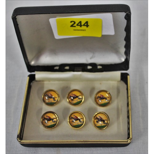 244 - A Set of Six Waistcoat Buttons Depicting Horse and Rider Jumping, Enameled Image, Encased in Brass w... 