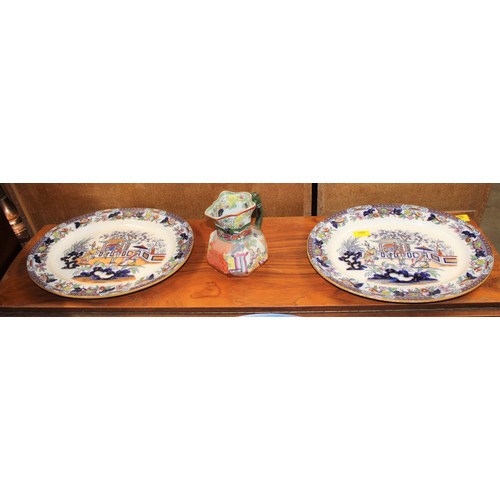 189 - Two Large Chinese Style Porcelain Platters Plus a Masons Oriental Style Jug (with Staple Repair)