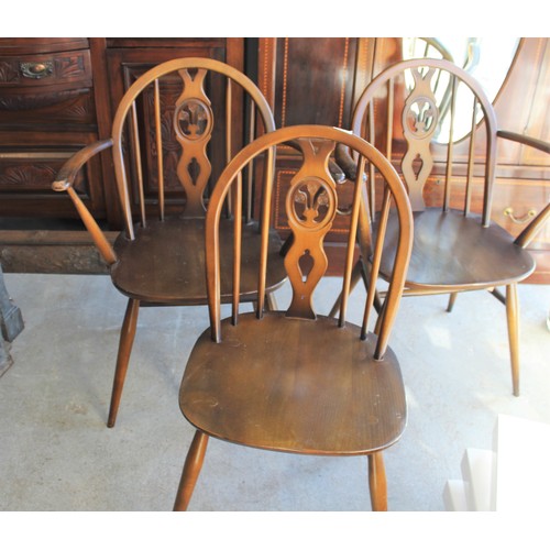 182 - Three Ercol Fleur-d-Lys Chairs (Two Carvers and One Chair) - These have Blue and Gold Stickers