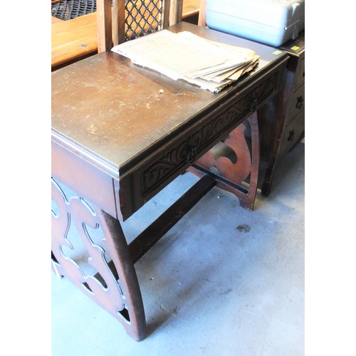 6 - Oak and Ply-wood Side Table with Carved Under-drawer (Distressed)