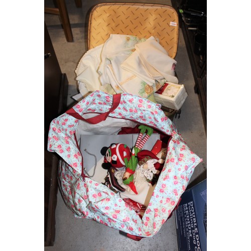 3 - Miscellaneous Items in a Suitcase including Linen, Christmas paraphernalia, etc