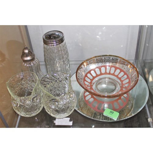 118 - Glass Items:  Pair of Owl Shape Vases, Sugar Shakers, Mirrored Stand, Faux Bohemian Bowl