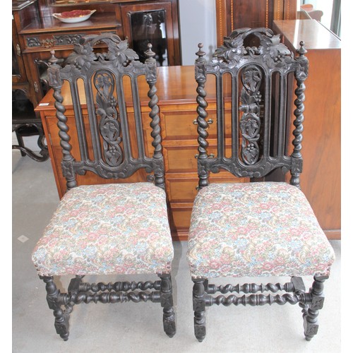 163 - Two Dark Oak Jacobean Style Twist Chairs with an Ornate Carved Back depicting Foliage - upholstered ... 