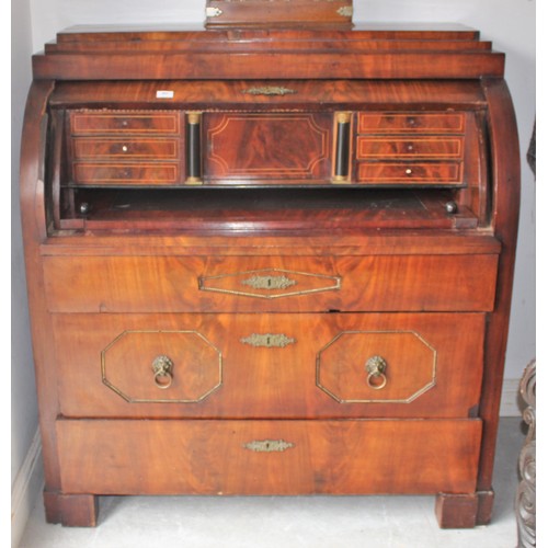 159 - 19th Century Continental Flame Mahogany Cylinder Fitted Bureau with pull our centre section with six... 