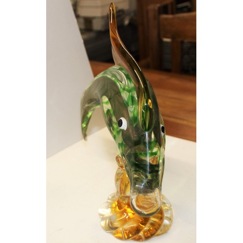 2 - Large Murano Glass Fish in Green and Yellow Cased Glass Body with a Golden Interior