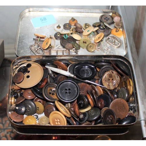 58 - A Vintage Huntley & Palmer Tin Full of Antique and Vintage Buttons including Horn, Shell and Brass B... 