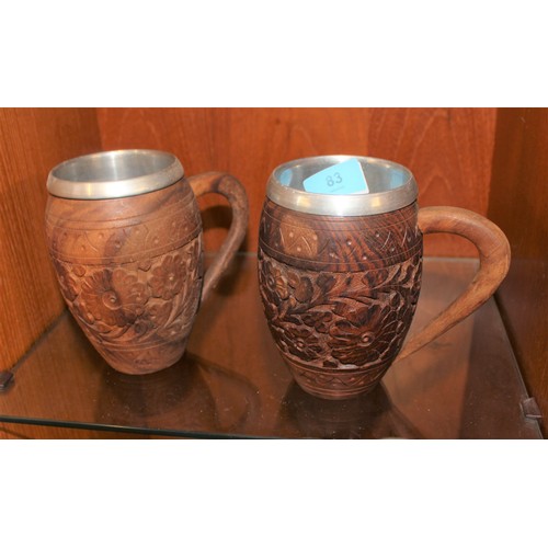 83 - Pair of Carved Wood Japanese Drinking Mugs having Metal Liners