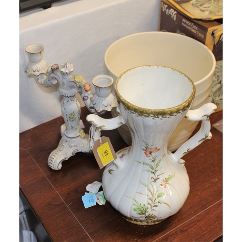 91 - Assorted:  A China Candelabra, a Two-Handled Jar, Plus a Scheurich Plant Pot