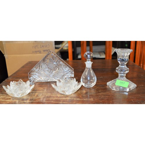 207 - Cut Glassware: An Ornate Napkin Holder, Pair of Petal Candle Stands, Candlesticks and a Perfume Bott... 