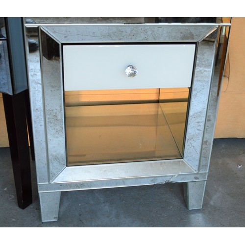 185 - Glass-Framed One-Drawer Bedside Cabinet having Mirror and White Glass Face/Top - (Cracks on Front an... 