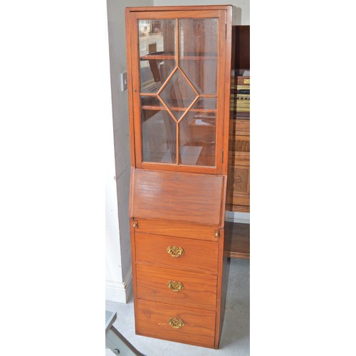 62 - Teak Slimline Bureau having Glazed Display Top Concealing Three Shelves, Over Three Drawers (with Ke... 