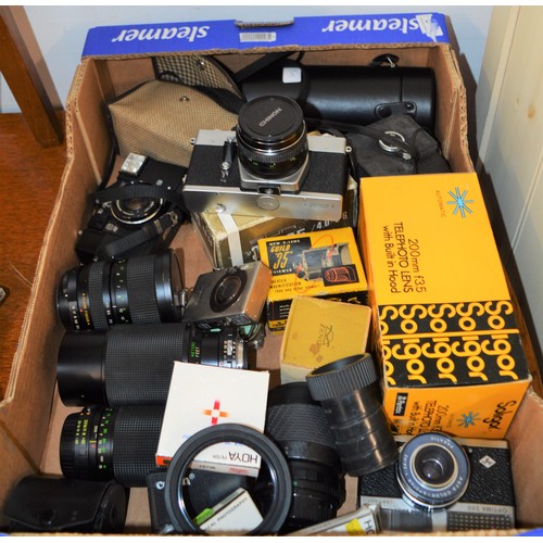 33 - Assorted Box of Assorted SLR Cameras, Compact Cameras and Lenses