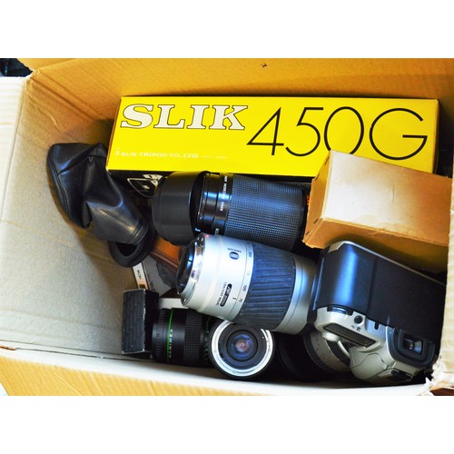 56 - Assorted Box of Assorted SLR Cameras, Compact Cameras and Lenses