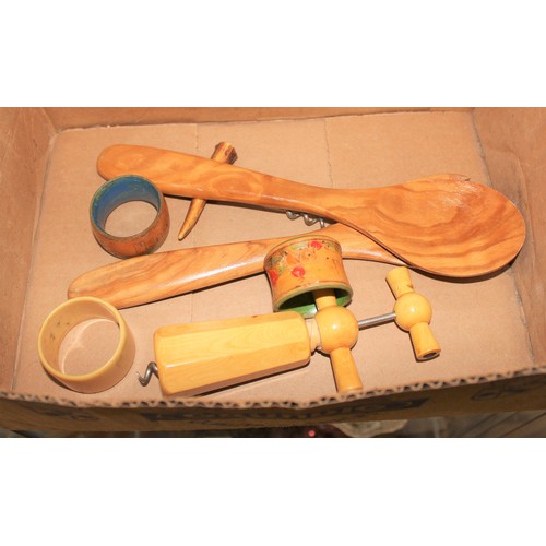 156 - Collection of Wooden Kitchen Utensils including Two Cork Screws/Bottle Openers, Salad Servers, and N... 