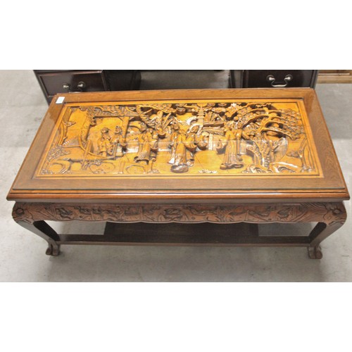 114 - Camphor-Wood Coffee Table, Ornately Carved, and with Glass Top, 40