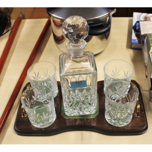 117 - Whisky Serving Set on Wooden Tray (Decanter and Four Glasses) - One Glass is Chipped