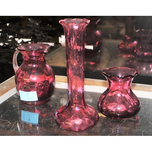 7 - Three Pieces of Cranberry Glass