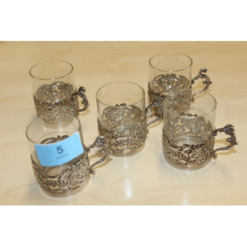 5 - Five Glass Liqueur Cups Set in a hallmarked  Silver Filigree Frame