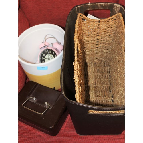 100 - Bric-a-Brac:  Two Magazine Baskets, Cash Box with Two Keys, Plant Pot, Alarm Clock