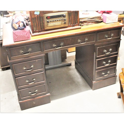 4 - Mahogany Twin Pedestal Office Table with Green Leather and Gilt Embossed Top