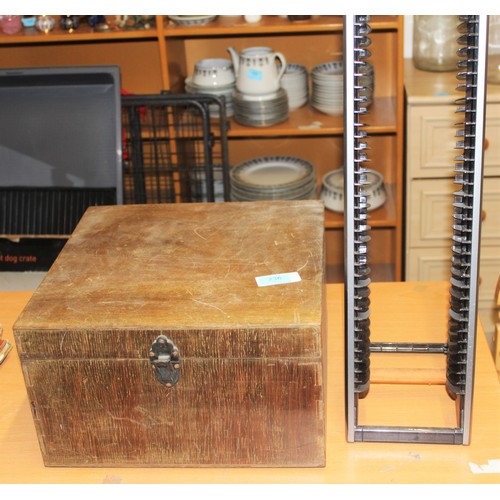 11 - 1940s/1950s Plywood Lidded Gramophone Record Storage Box Plus a Free-Standing CD Storage Rack