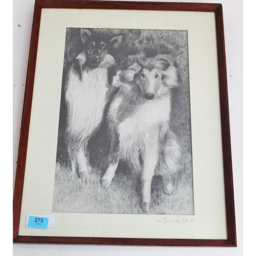 40 - Framed and Mounted Charcoal Etching of Collie  Dogs by Ian Fennelly October 1989