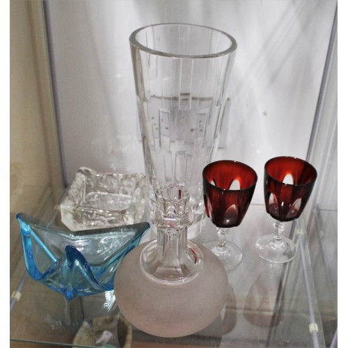 24 - Two Mid-Century Glass Trays/Dishes, Plus a Crystal Tall Geometric Design Vase (Chip on Rim), Two Fre... 