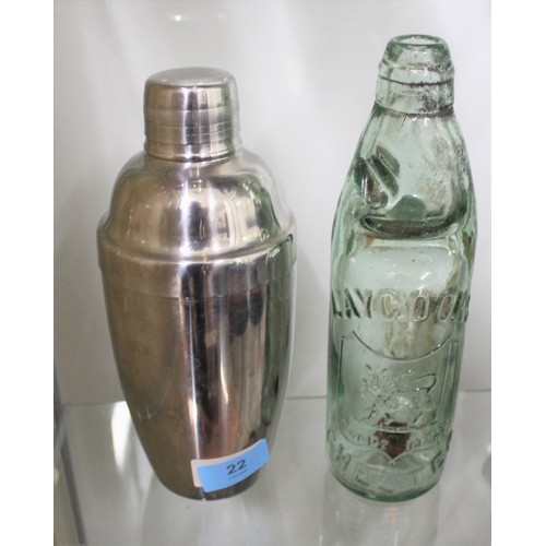 22 - A Stainless Steel Cocktail Shaker (Made in Japan), Plus an Antique Bottle 