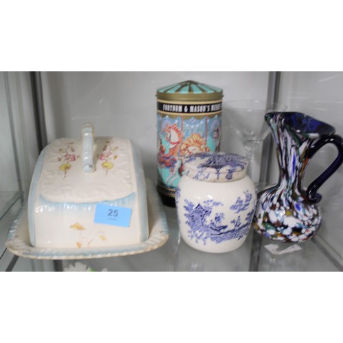 25 - Assorted Porcelain/Glassware:  Cheese/Butter Dish, Chinese Lidded Bowl, Hand-Made Glass Jug, Fortnum... 