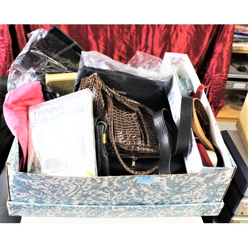 119 - Box of Ladies' Handbags, Belts, Magic Pants, Costume Jewelry, etc