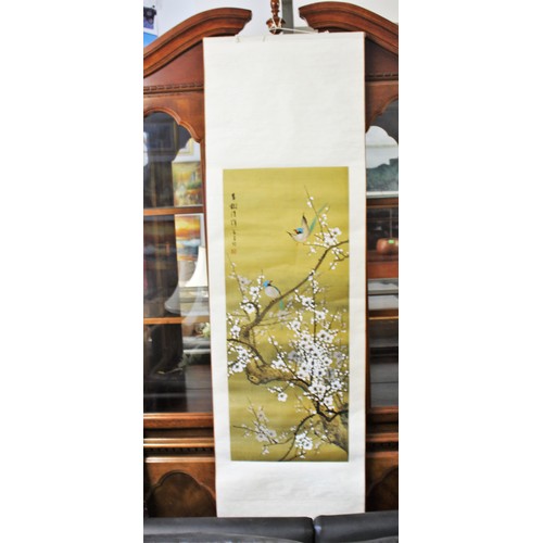 125 - Painted Silk Chinese Scroll Artwork featuring Exotic Birds in Cherry Blossom - 64