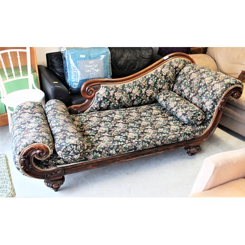 11 - Ornately Framed Mahogany Carved Chaise Longue with Scroll ends on carved bulbous Feet all with moder... 