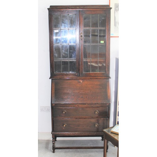 81 - Oak Fall Front Bureau Bookcase on Spiral Legs