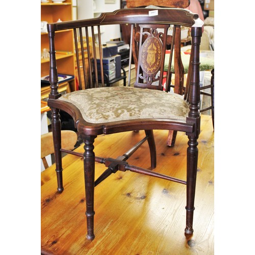 30 - Antique Mahogany Ornately Inlaid Spindle-Back Corner Chair with Velour Upholstery supported by Cross... 