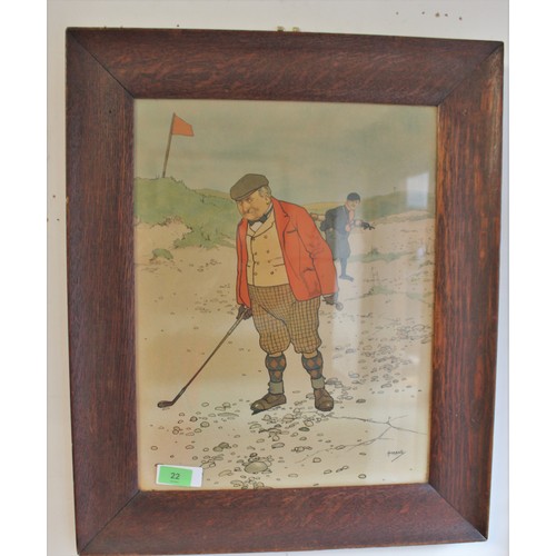 22 - Two Oak-Framed Golfing Cartoon Prints by 