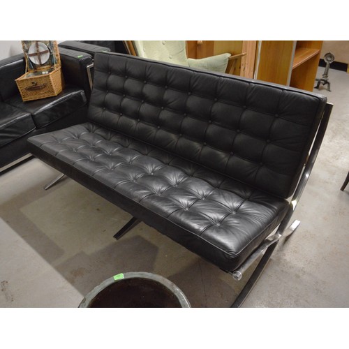 250 - Button Back Black Leather Three Seater Sofa 