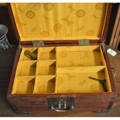 297 - Oriental Hardwood Lidded Jewellery Box with Under-drawer having Gold and Ochre lining with Brass Fit... 