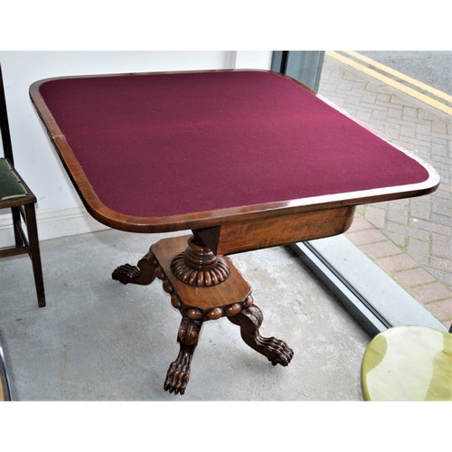 279 - Victorian Carved Single Pedestal Mahogany Fold-Over Table with Maroon Baize Top and Carved Wooden Cl... 