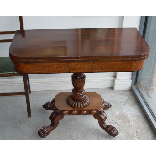 279 - Victorian Carved Single Pedestal Mahogany Fold-Over Table with Maroon Baize Top and Carved Wooden Cl... 