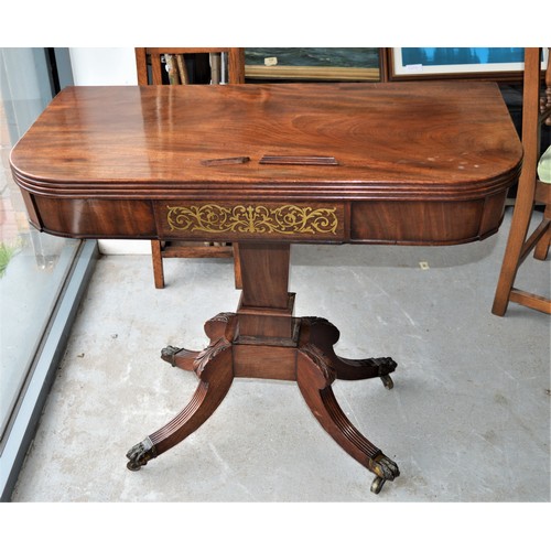 278 - Late Victorian Mahogany Fold-Over Table with Gilt Inlay on Brass Feet & Castors